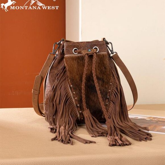 Montana West Hair-On Cowhide Drawstring Crossbody Bucket Bag in Brown - Picture 1 of 3